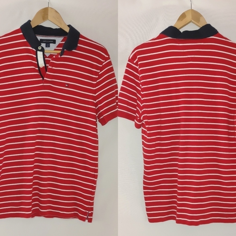 Tommy Hilfiger Red & White Striped Polo with Navy Collar